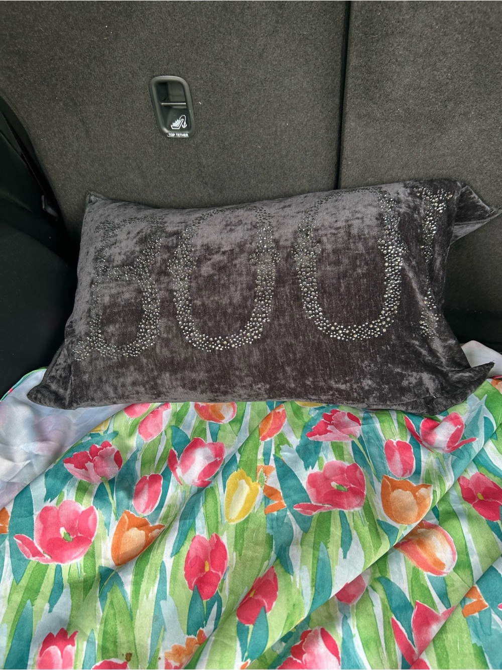 Plush Velvet Decorative Throw Pillow in Charcoal with Embellished Accent
